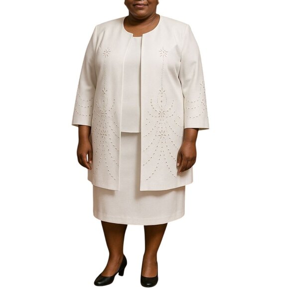 B.M.I. White 3-Piece Jacket Blouse Skirt Embellished Plus Size 22 Suit Set - Picture 1 of 12